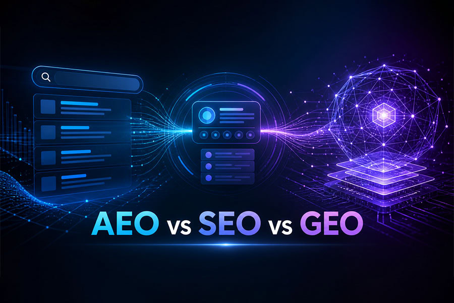 AEO vs SEO vs GEO: Каква е разликата и какво работи през 2026 г