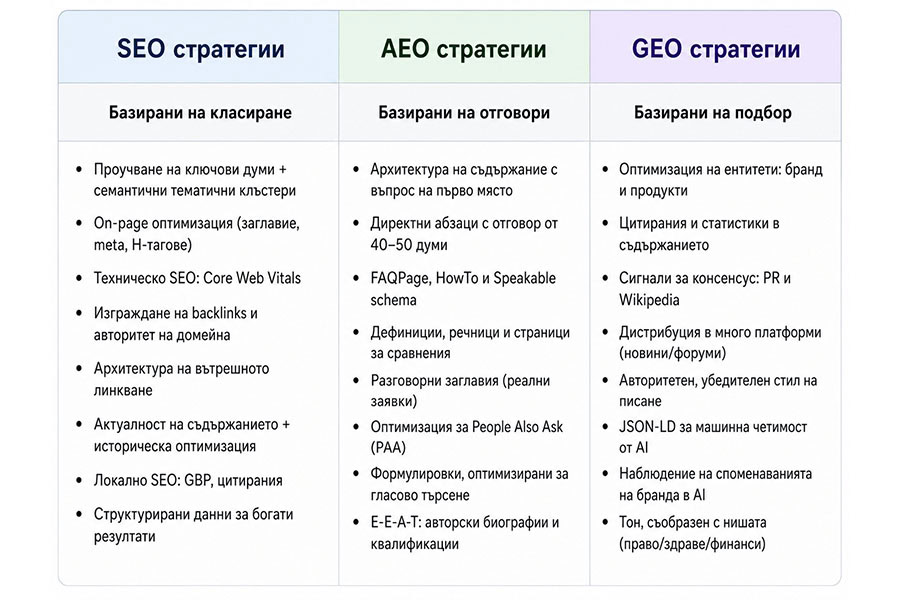 Основни стратегии SEO vs AEO vs GEO