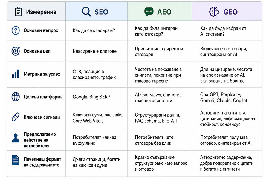 SEO vs AEO vs GEO каква е реалната разлика